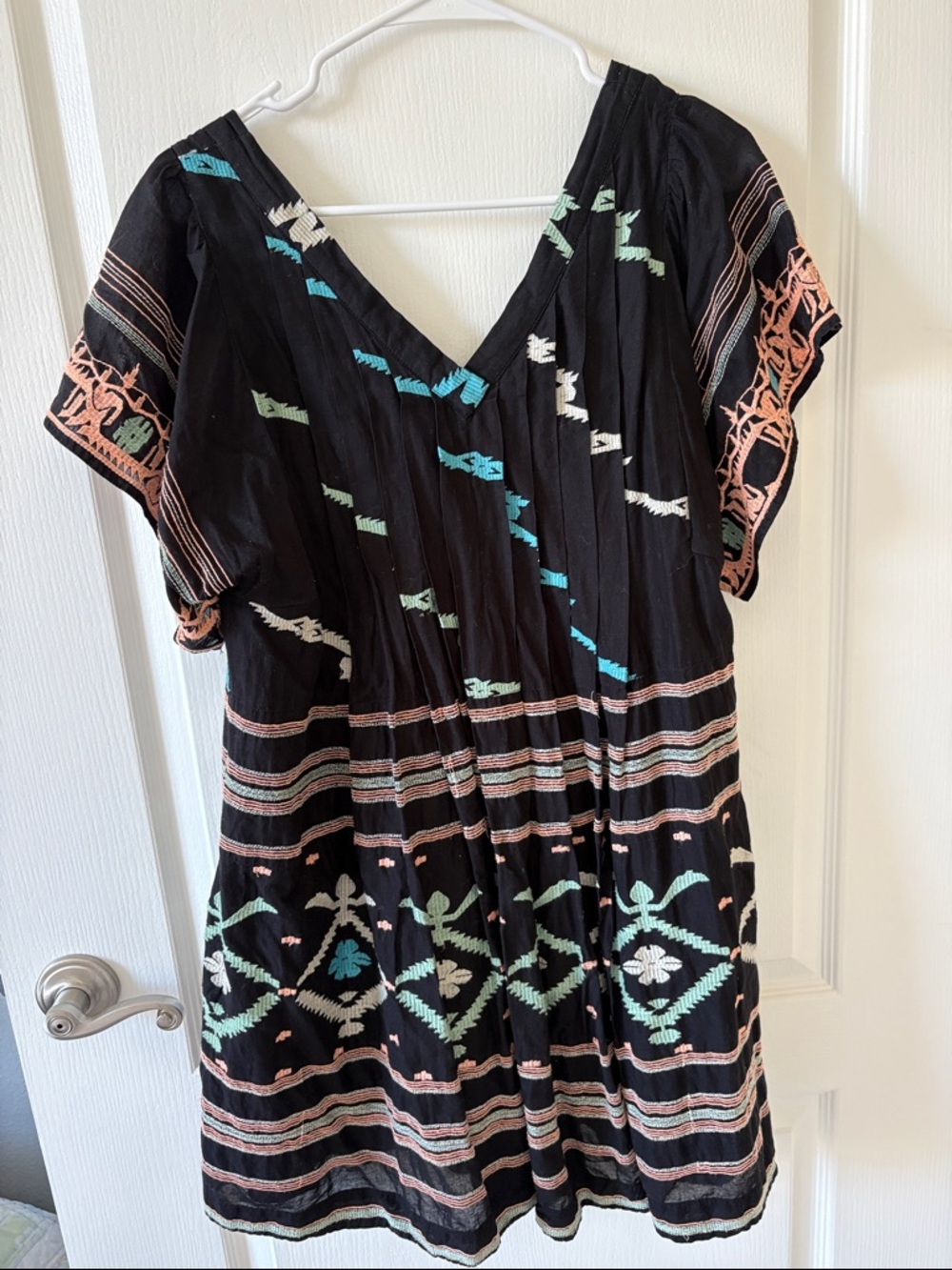 Free People Black Embroidered Mini Dress with Mint, Teal, and Peach Accents